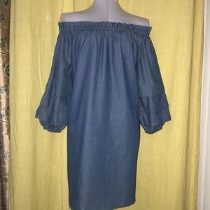 Faux denim off the shoulder dress